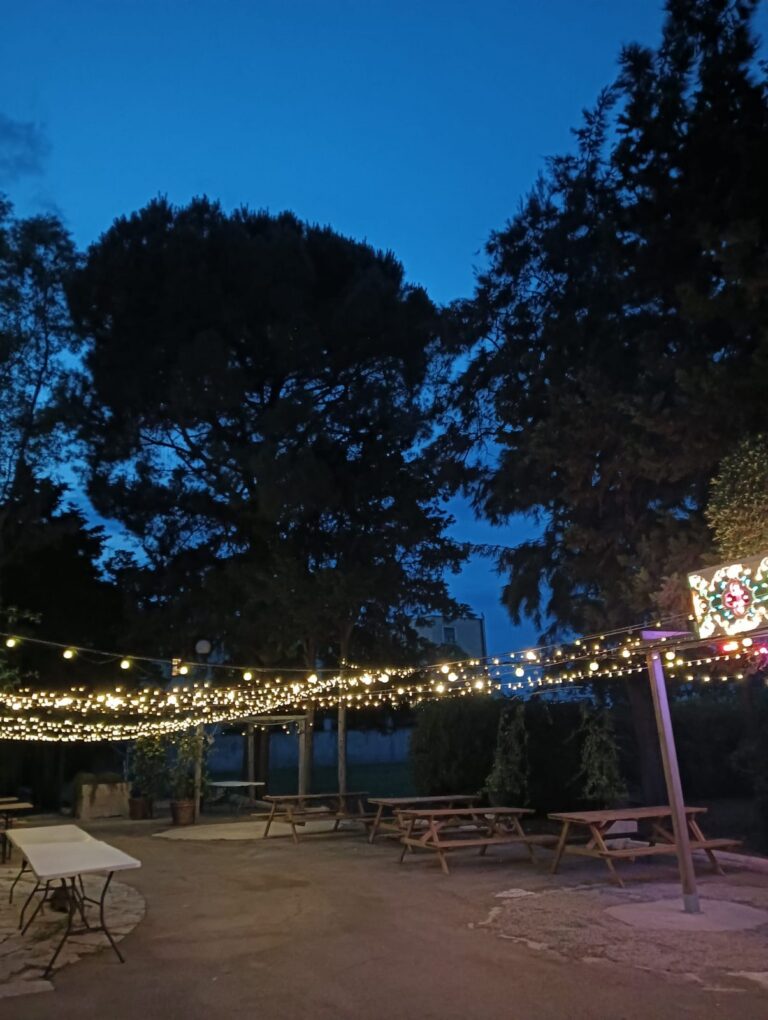 Il giardino con le panche da picnic sotto le luci e gli alberi